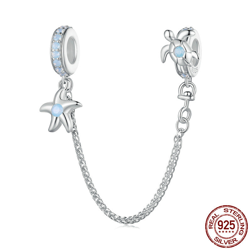 S925 Silver Ocean Starfish and Turtle Safety Chain Charm For Bracelet