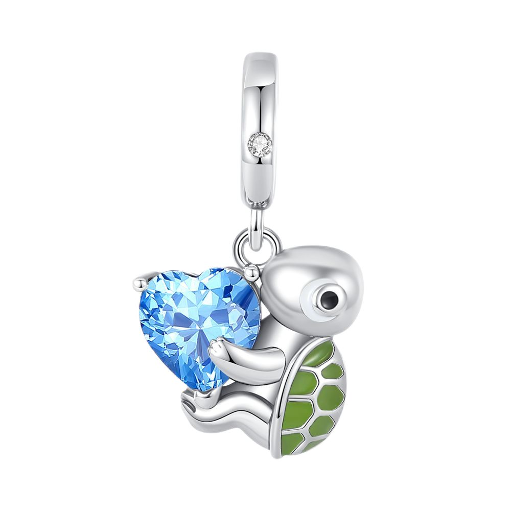 S925 Silver Green Turtle with Blue Crystal Heart Dangle Charm
