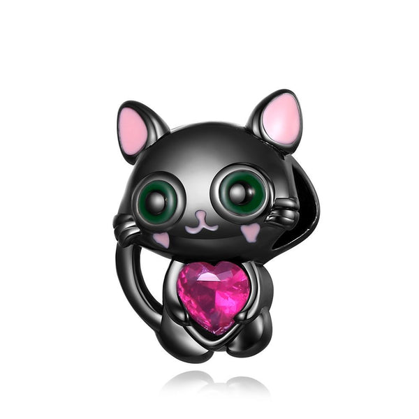 S925 Silver Black Cute Cat Charm Bead For Bracelet and Necklace