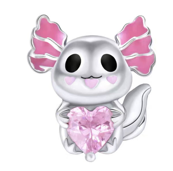 S925 Silver Pink Mexican Axolotl Embraces Heart Charm For Bracelet and Necklace