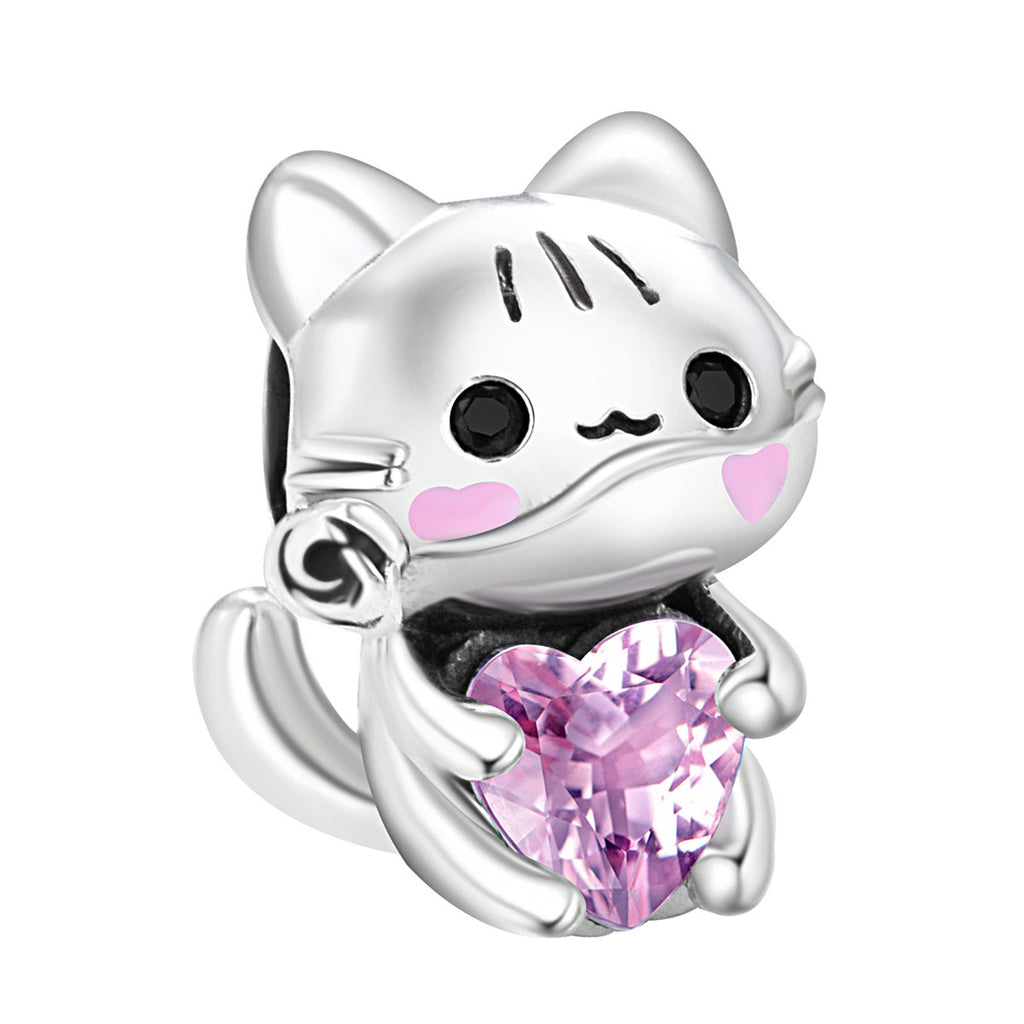 S925 Silver Cat Embraces Heart Gemstone Charm For Bracelet and Necklace