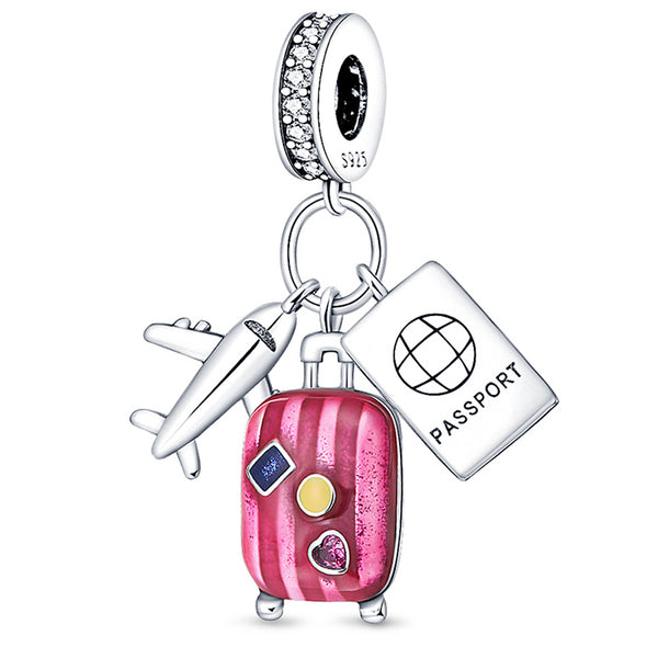 S925 Silver Travel Airplane Suitcase Passport Charm