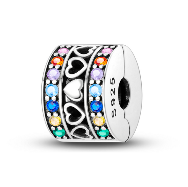 S925 Silver Colourful Hearts Clip Charm For Bracelet
