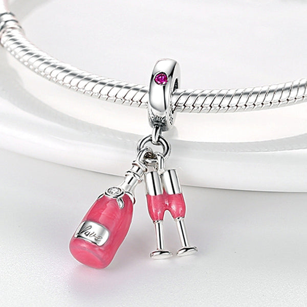 S925 Silver Champagne With Wine Glass Charm