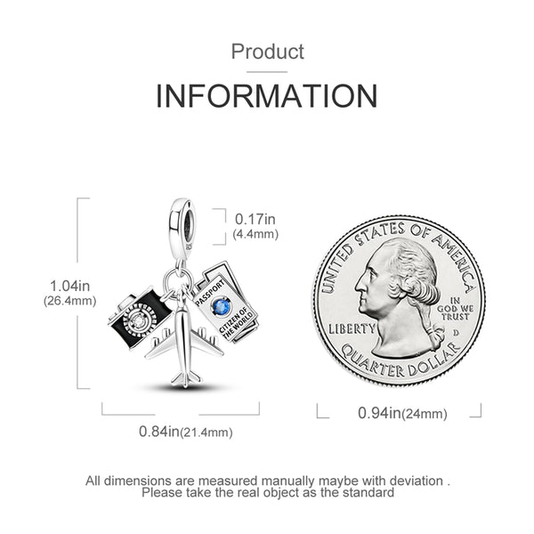 S925 Silver Travel Camera Airplane Passport Charm