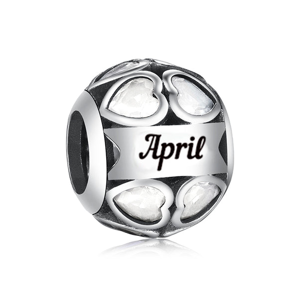 S925 Silver April Birthstone All Around Hearts Charm Bead For Bracelet and Necklace