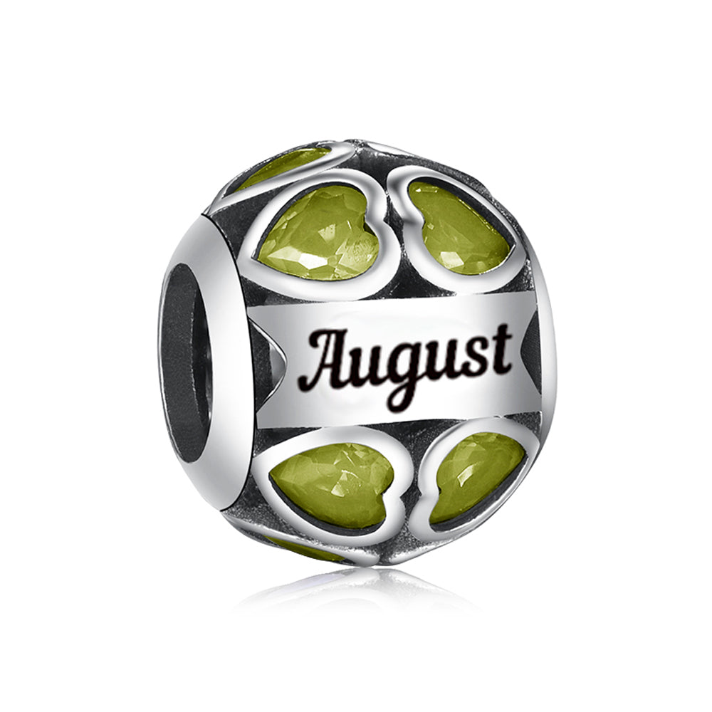 S925 Silver August Birthstone All Around Hearts Charm Bead For Bracelet and Necklace