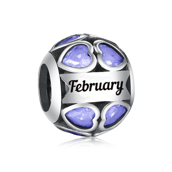 S925 Silver February Birthstone All Around Hearts Charm Bead For Bracelet and Necklace