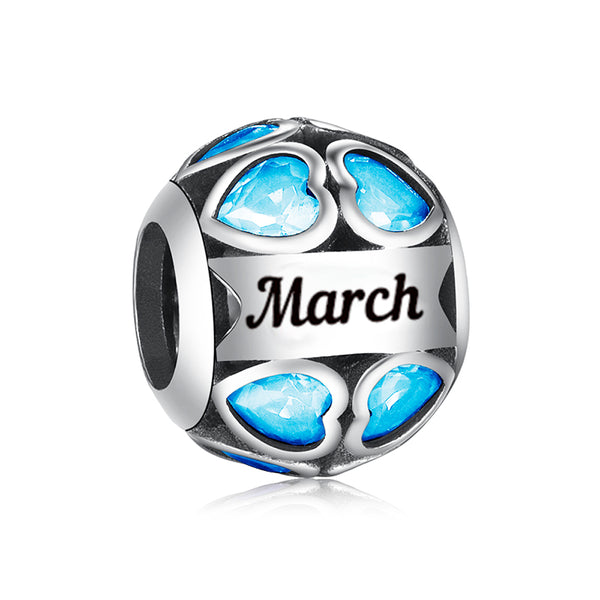S925 Silver March Birthstone All Around Hearts Charm Bead For Bracelet and Necklace