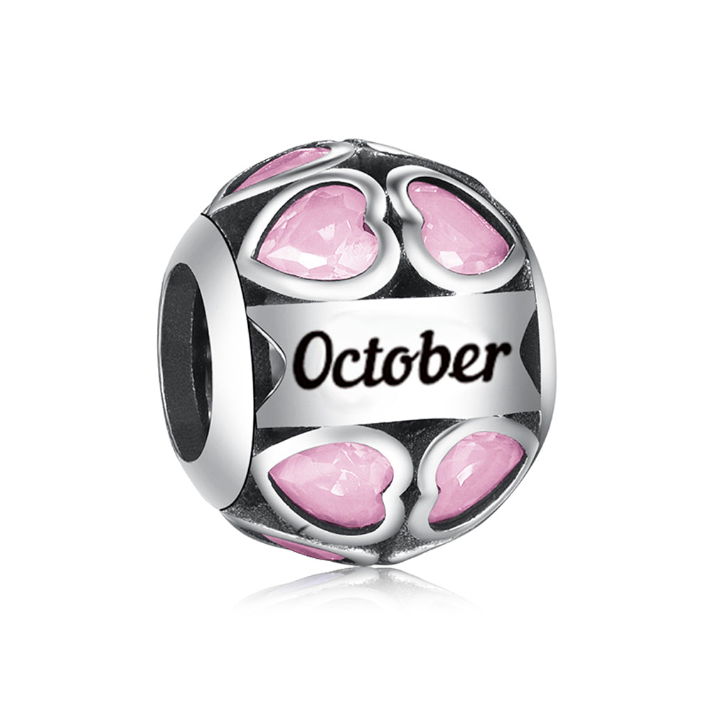 S925 Silver October Birthstone Around Hearts Charm Bead For Bracelet and Necklace