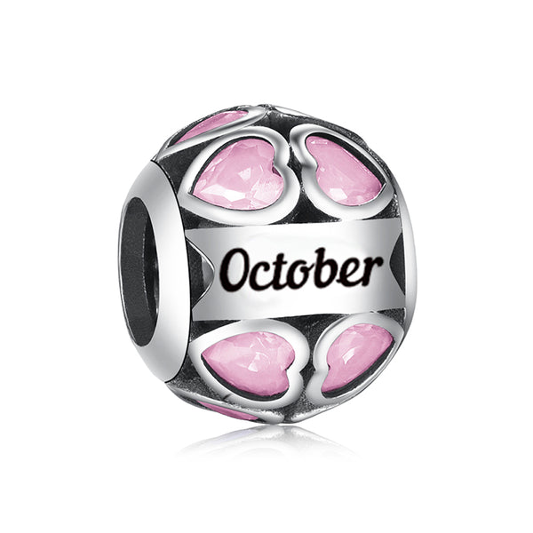 S925 Silver October Birthstone Around Hearts Charm Bead For Bracelet and Necklace