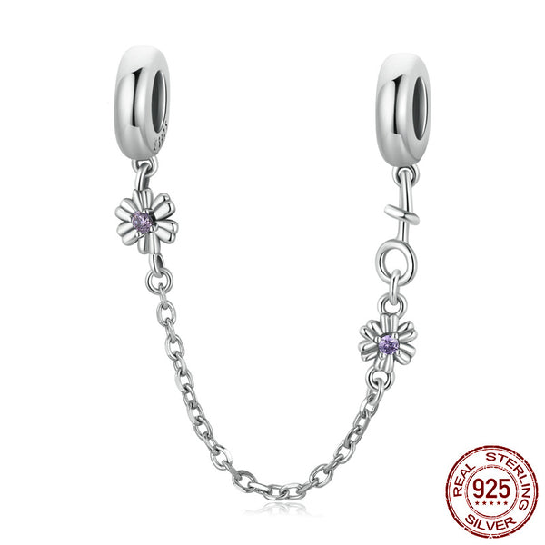 S925 Silver Flower Heart Safety Chain Charm For Bracelet