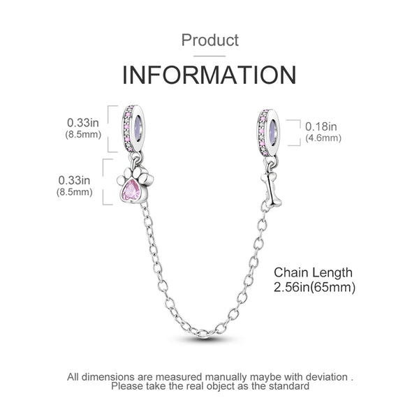 S925 Silver Claw Print and Bone Safety Chain Charm For Bracelet