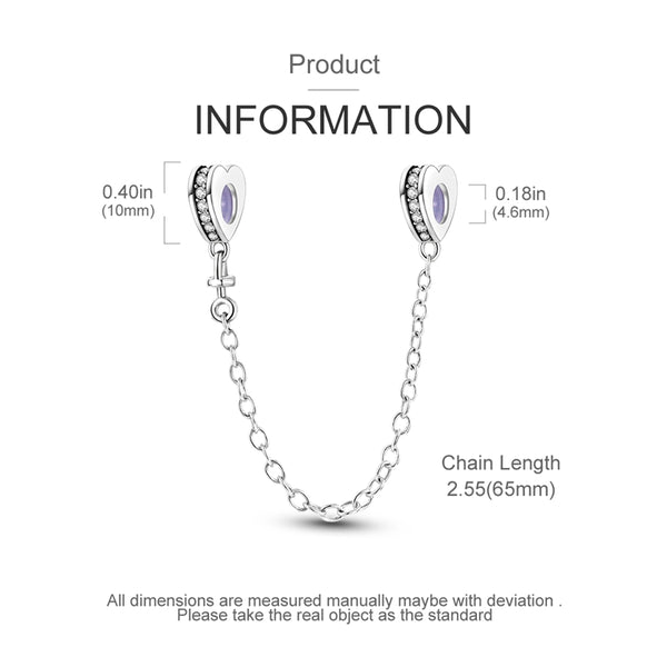 S925 Silver Peach Heart Safety Chain Charm For Bracelet