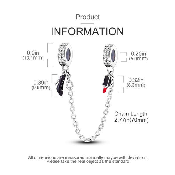 S925 Silver Heel and Lipstick Safety Chain Charm For Bracelet