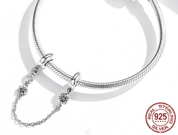 S925 Silver Flower Heart Safety Chain Charm For Bracelet