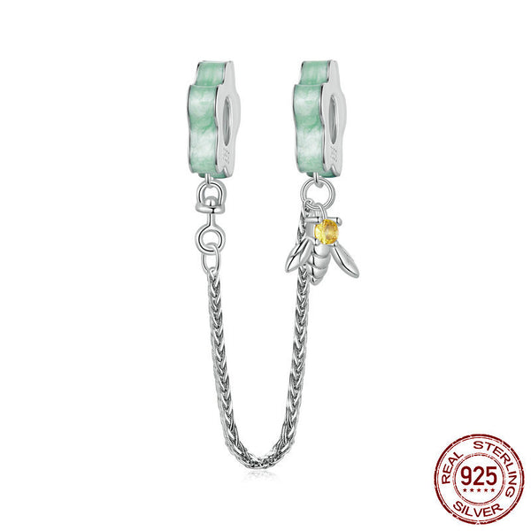 S925 Silver Oasis Flower Bee Safety Chain Charm For Bracelet