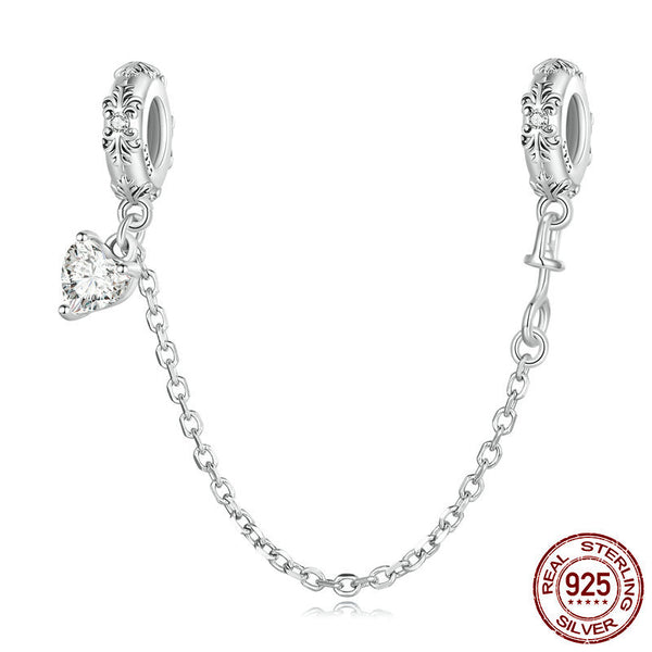 S925 Silver Vintage Pattern with Clear Heart Safety Chain Charm For Bracelet