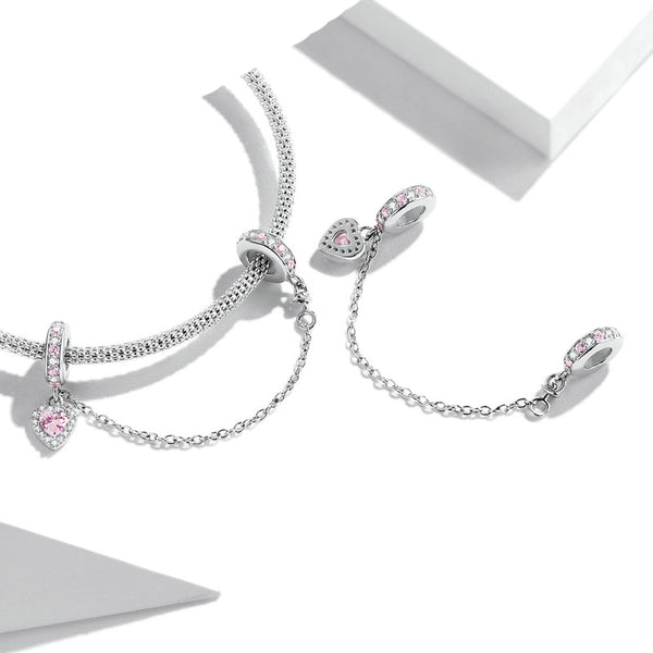 S925 Silver Pink Heart Safety Chain Charm DIY For Bracelet