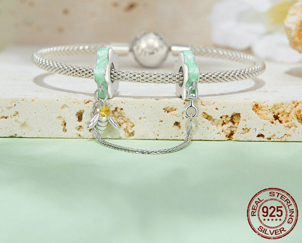 S925 Silver Oasis Flower Bee Safety Chain Charm For Bracelet