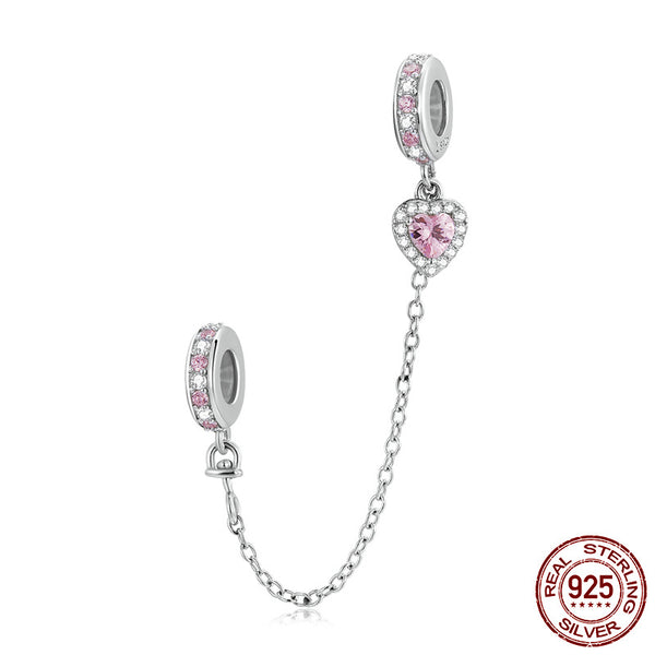 S925 Silver Pink Heart Safety Chain Charm DIY For Bracelet