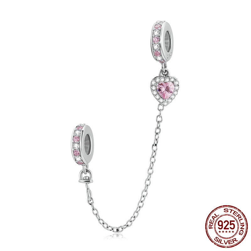 S925 Silver Pink Heart Safety Chain Charm DIY For Bracelet