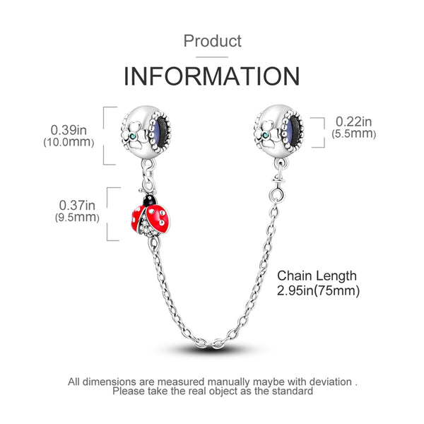 S925 Silver Ladybird and Four Leaf Clover Safety Chain Charm For Bracelet