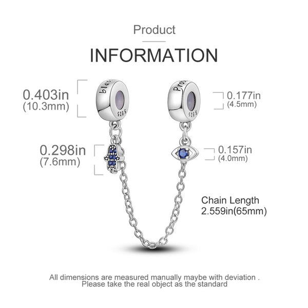 S925 Silver Evil Eye with Palm Safety Chain For Bracelet