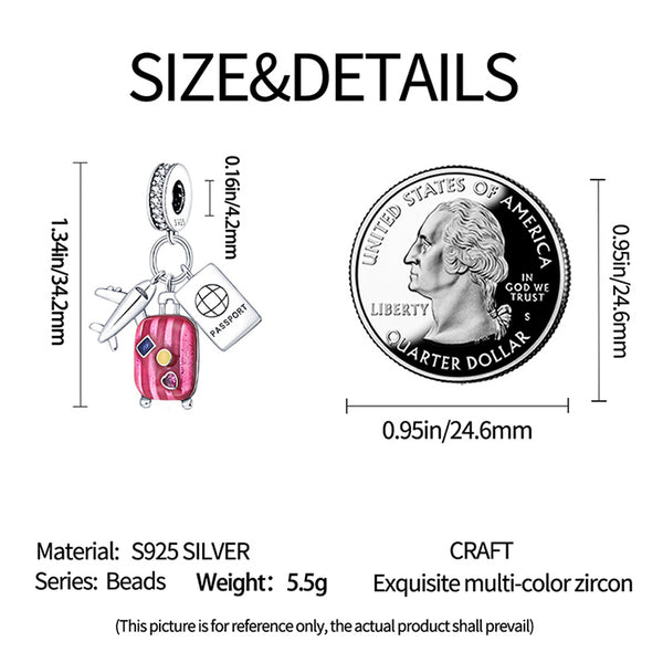 S925 Silver Travel Airplane Suitcase Passport Charm