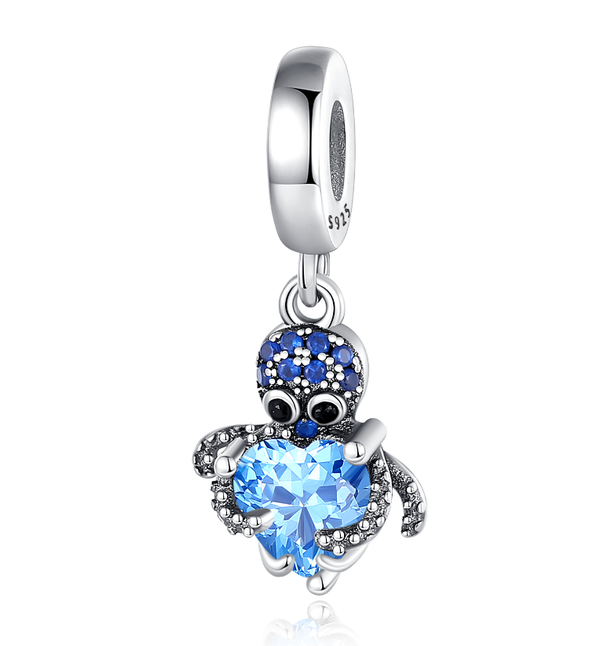 S925 Silver Octopus With Blue Heart Charm