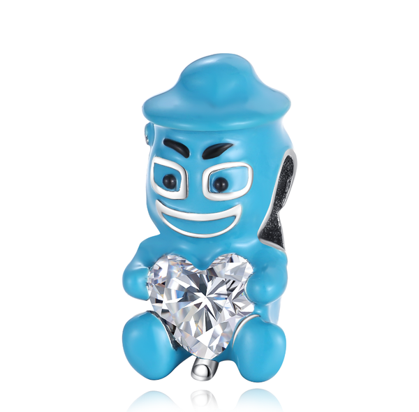 S925 Silver Little Blue Man With Crystal Heart Charm For Bracelet and Necklace