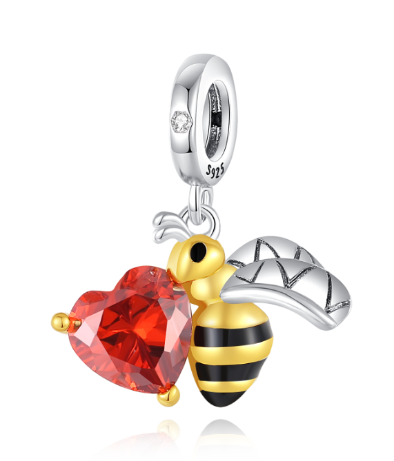 S925 Silver Bee With Red Heart Dangle Charm