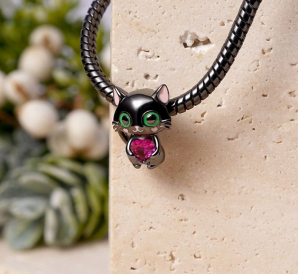 S925 Silver Black Cute Cat Charm Bead For Bracelet and Necklace