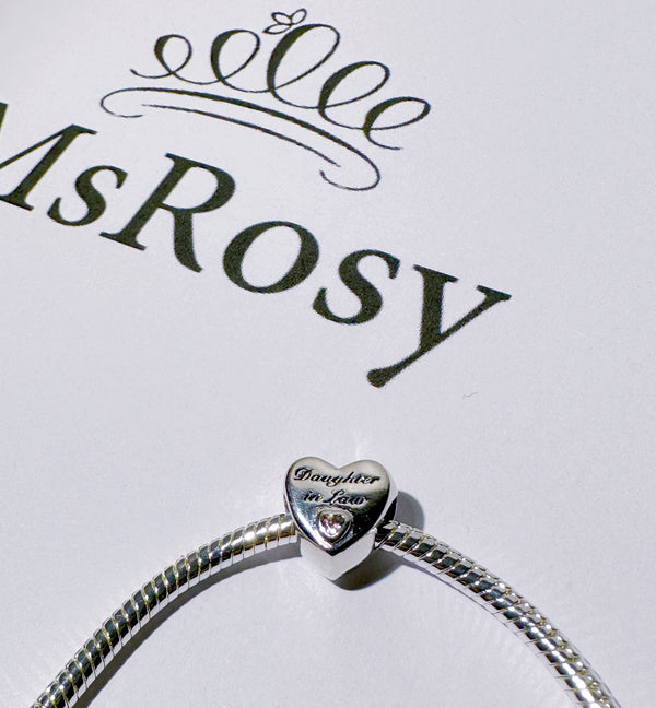 GEMDAZZ Family Heart Charm - 925 Sterling Silver With CZ, Fits European Bracelets, Son/Daughter Design