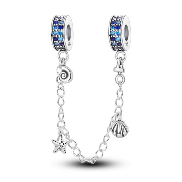 S925 Silver Shell Starfish Conch Safety Chain Charm For Bracelet