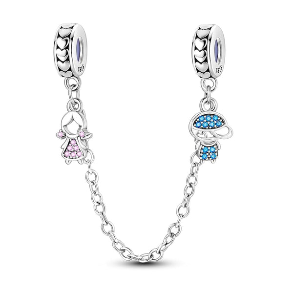 S925 Silver Boy and Girl Safety Chain Charm For Bracelet