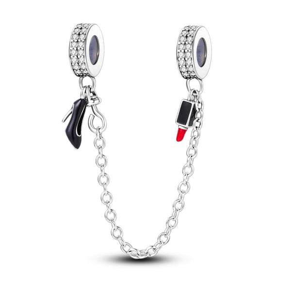 S925 Silver Heel and Lipstick Safety Chain Charm For Bracelet