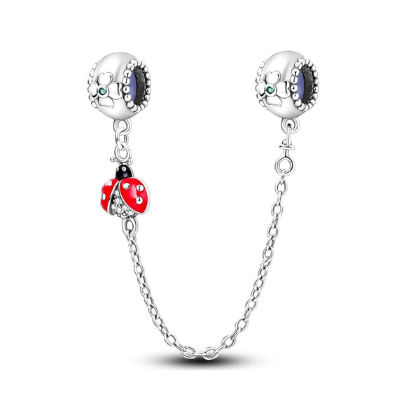 S925 Silver Ladybird and Four Leaf Clover Safety Chain Charm For Bracelet