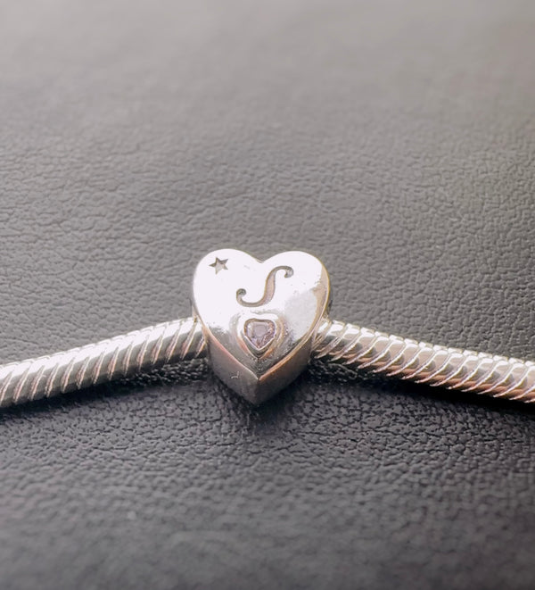 S925 Silver New Alphabet Initial Letter S Heart Charm For Bracelet and Necklace