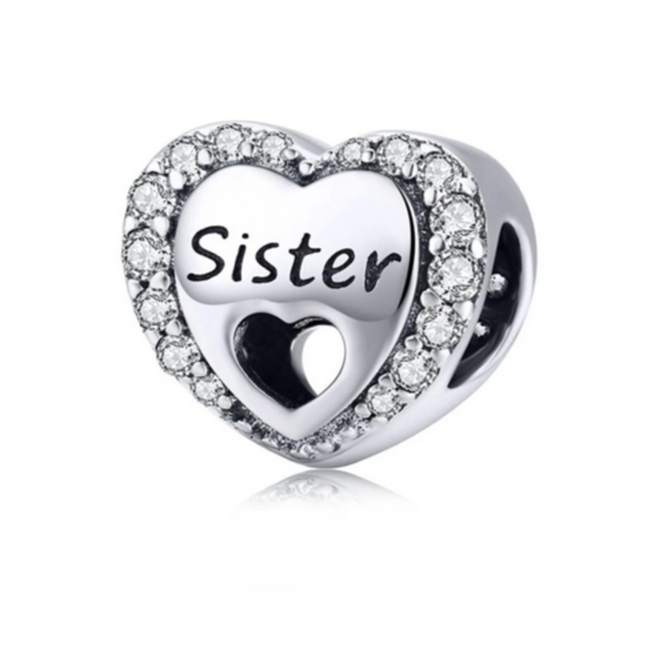 S925 Silver Sister Heart Charm Bead For Bracelet and Necklace