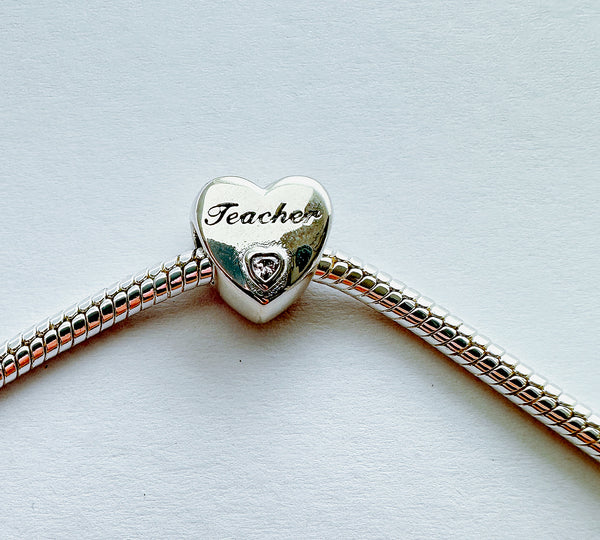 S925 Silver Teacher Charm Heart Bead For Bracelet