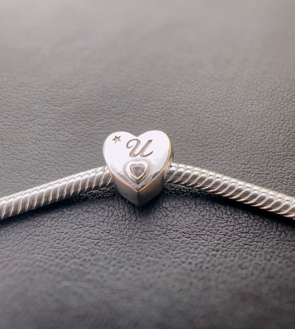 S925 Silver New Alphabet Initial Letter U Heart Charm For Bracelet and Necklace
